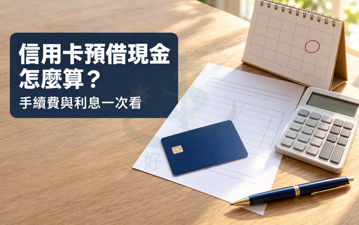 木桌上放著深藍信用卡、空白帳單、計算機和紅圈圈起一格的桌曆；左側深藍底板寫著「信用卡預借現金怎麼算？」與「手續費與利息一次看」