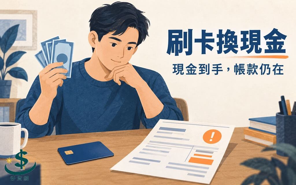 成年人手持現金，桌上信用卡與待繳帳單仍在，提醒取得現金後仍須負擔信用卡帳款。