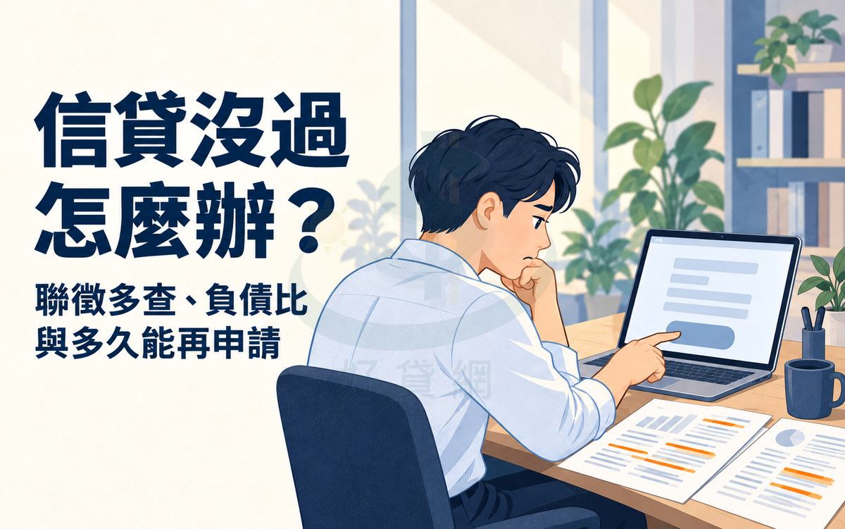 扁平插畫封面：上班族坐在筆電前，手指指向申請按鈕、表情遲疑，桌上攤著畫了橘色重點的報告；左側寫著主標題「信貸沒過怎麼辦？」與副標題「聯徵多查、負債比與多久能再申請」
