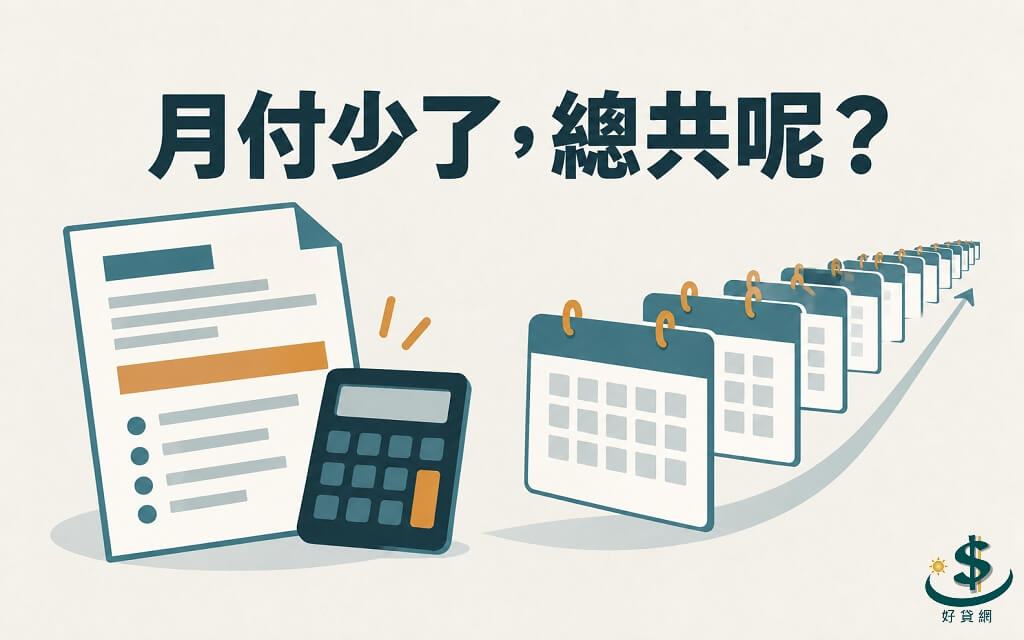 借款報價旁放著計算機與延伸的還款日曆，提醒比較月付、期數和總支出。
