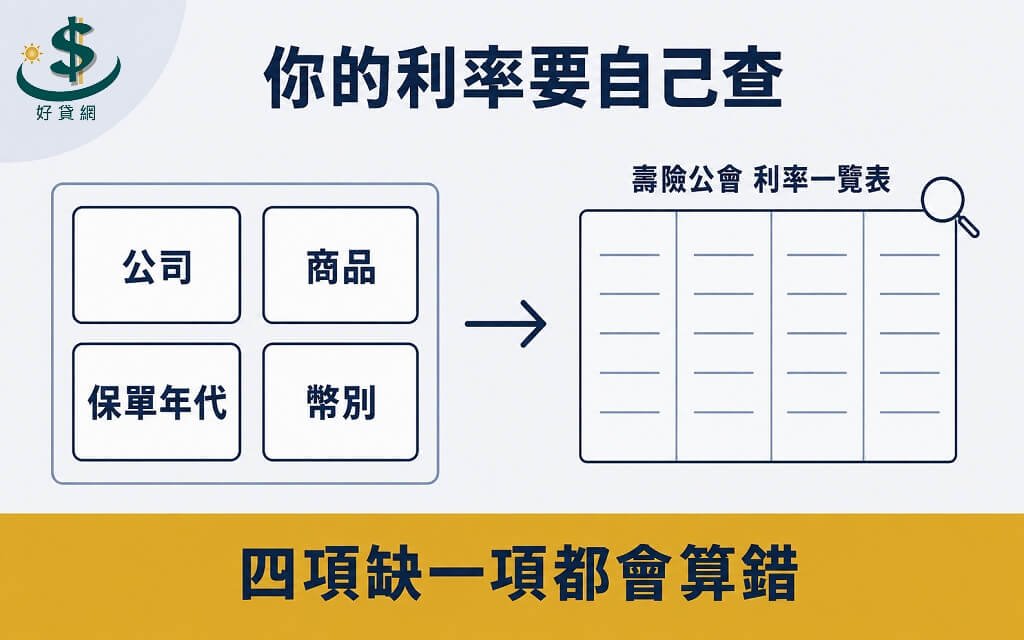 查詢自己保單借款利率的四個必要條件示意圖,包含公司、商品、保單年代與幣別,再對照壽險公會一覽表