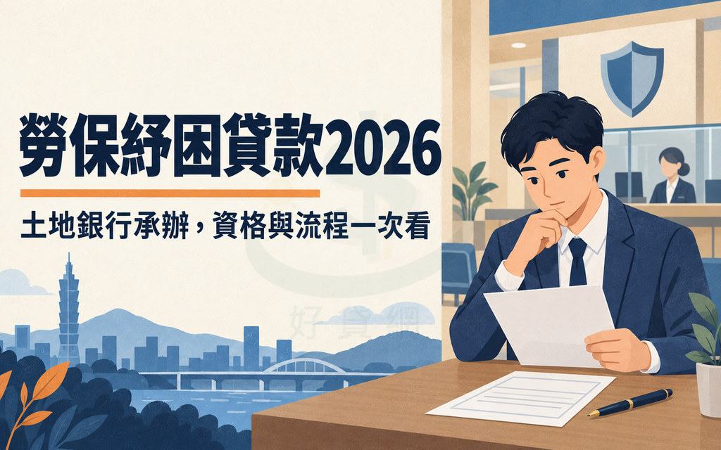 扁平插畫風封面：一位穿西裝的上班族坐在銀行櫃檯前低頭看貸款申請表，畫面左側是「勞保紓困貸款2026」主標題與「土地銀行承辦，資格與流程一次看」副標題