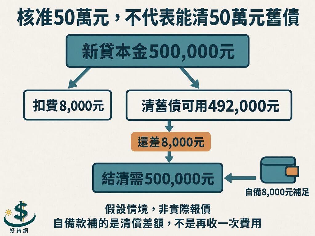 假設新貸本金50萬元，扣掉8,000元費用後只剩492,000元清舊債；若結清需要50萬元，仍須自備8,000元補足。