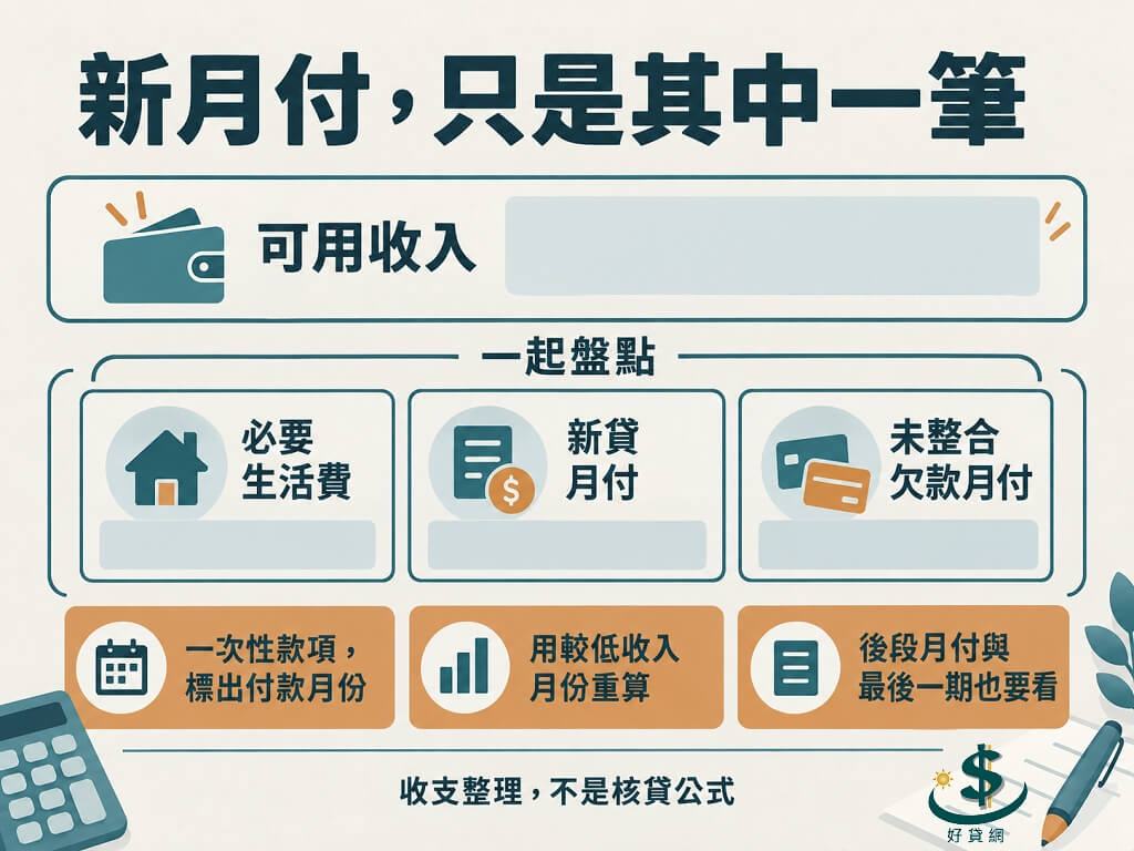 收支盤點工作紙：一起列生活費、新貸月付與未整合欠款，再檢查一次性付款、較低收入月份及後段還款金額。