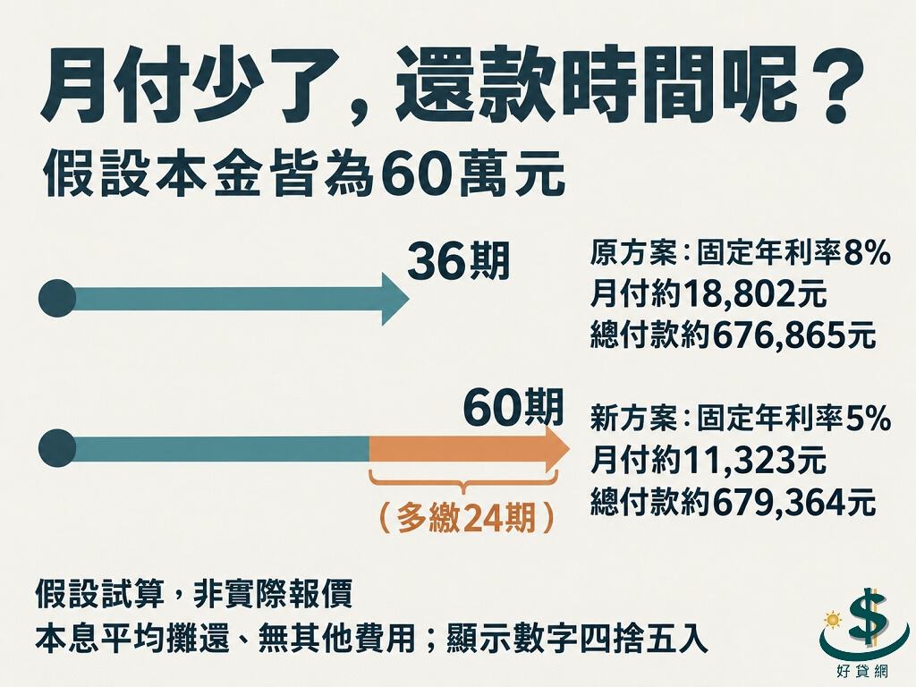 假設本金同為60萬元，原方案8%、36期，月付約18,802元、總付款676,865元；新方案5%、60期，月付約11,323元、總付款679,364元。