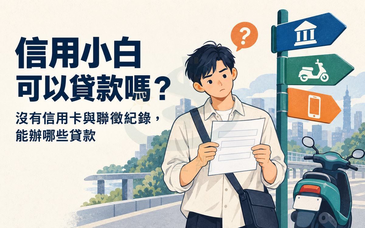 扁平插畫封面：年輕上班族拿著空白報告紙、頭旁有問號，身旁路標指向銀行、機車、手機；左側寫著「信用小白可以貸款嗎？」與「沒有信用卡與聯徵紀錄，能辦哪些貸款」