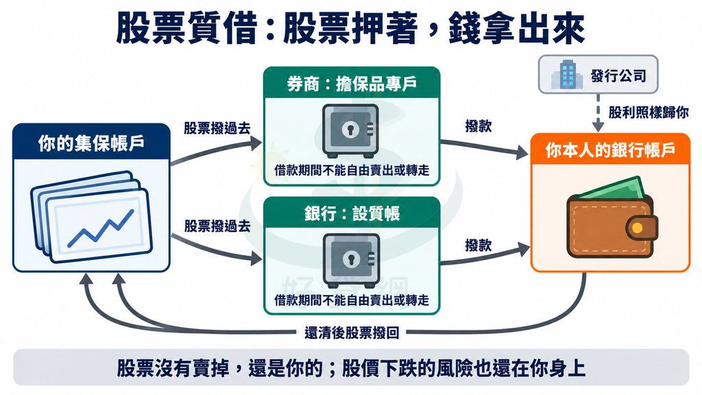股票質借流程：股票從集保帳戶撥到券商擔保品專戶或銀行設質帳，錢撥到本人銀行帳戶，股利照樣歸你，還清後股票撥回