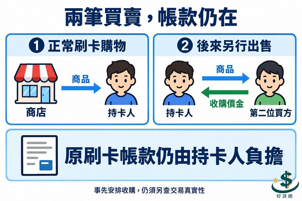 兩筆買賣示意：商店交付商品給持卡人，持卡人另行出售給第二位買方並取得收購價金，原刷卡帳款仍由持卡人負擔。