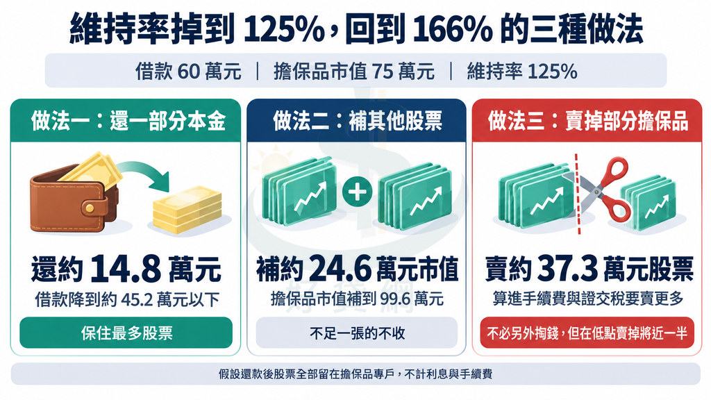 借60萬元、擔保品75萬元、維持率125%時回到166%的三種做法：還約14.8萬元本金、補約24.6萬元市值股票、賣約37.3萬元擔保品
