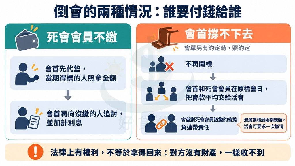 倒會兩種情況:死會不繳,會首先代墊再追討並加計利息;會首撐不下去,停標,會首和死會在原標會日把會款平均交給活會,會首負連帶責任
