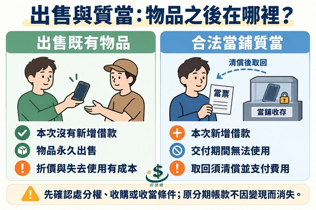 出售與合法當舖質當比較：出售本次無新增借款但永久失去物品；質當新增借款且須交付物品，清償與支付費用後取回。