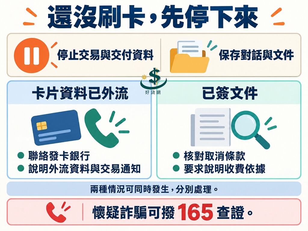 尚未刷卡先停止交易、保存紀錄；卡片資料外流聯絡發卡銀行，已簽文件核對取消條款及收費依據，懷疑詐騙可撥165查證。